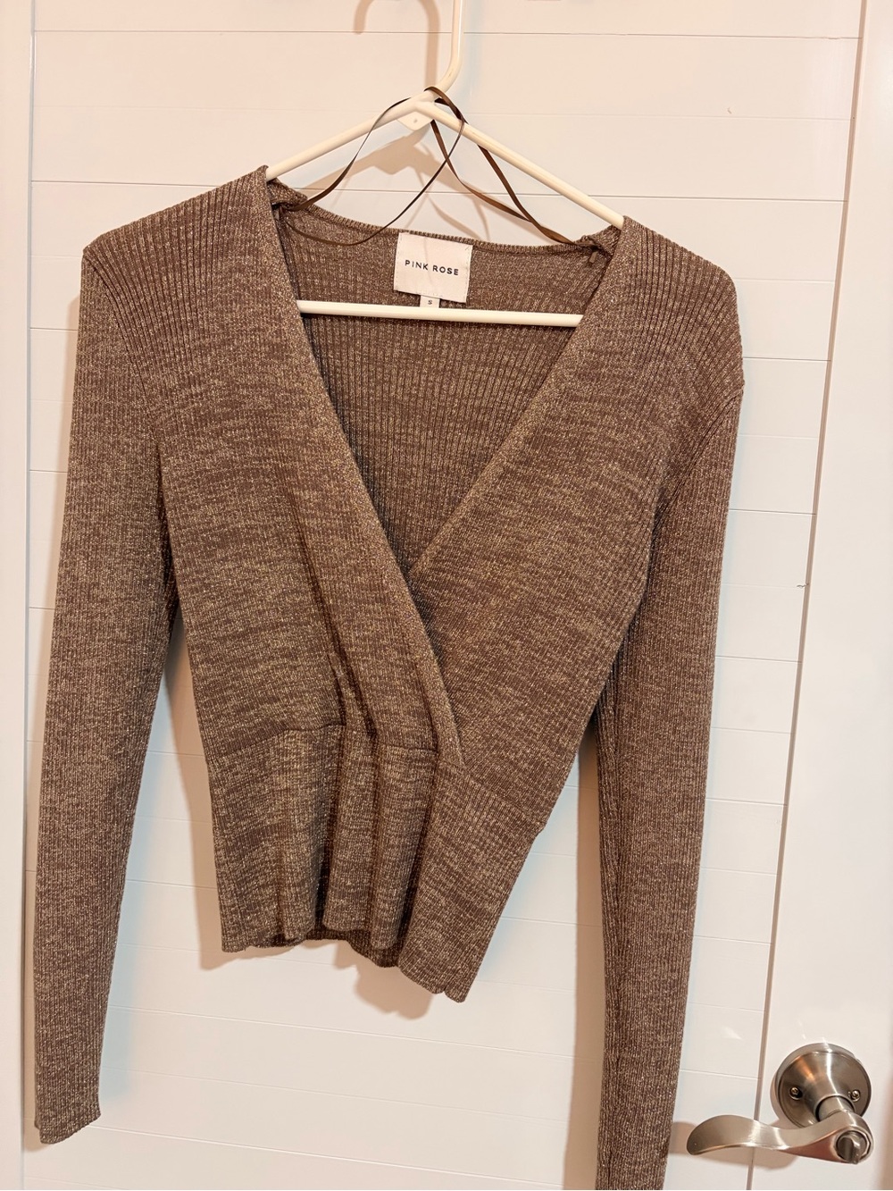 Pink Rose Women's Taupe Ribbed Wrap V-Neck Sweater
